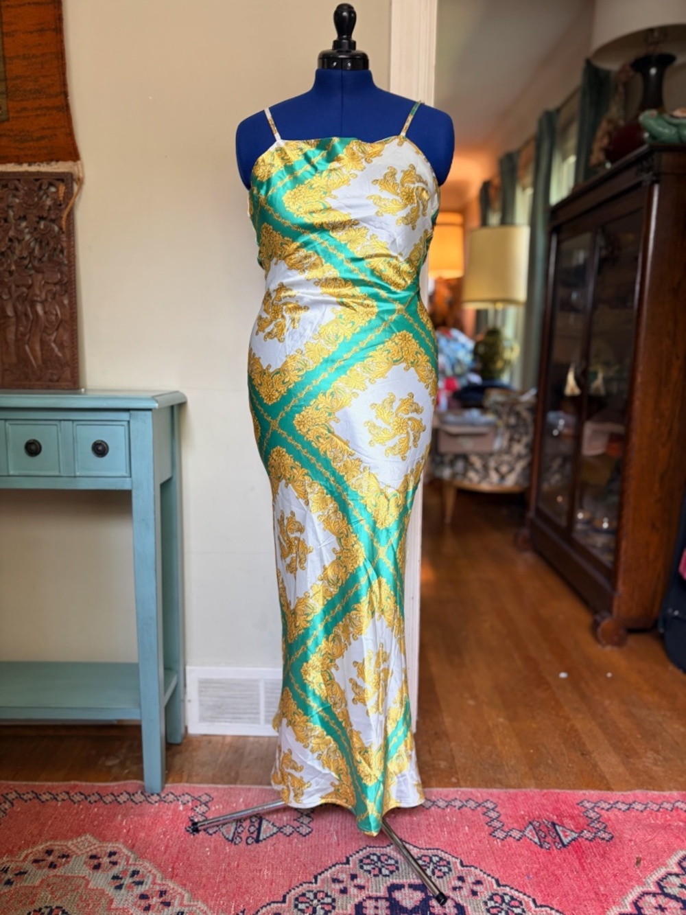 Emerald Green & Gold Baroque Print Cowl Back Maxi dress